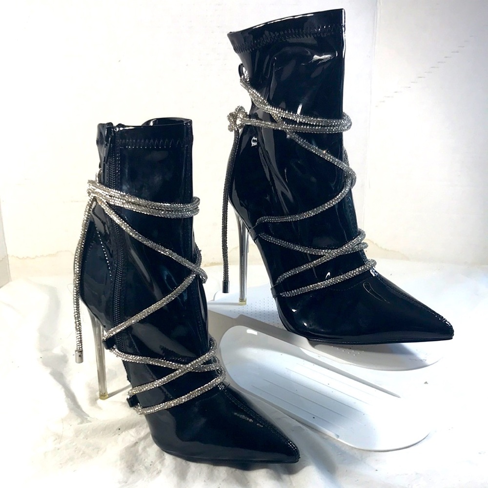 Azalea Wang Alessi Women’s Black Patent Stiletto Ankle Boots & Rhinestone Ties